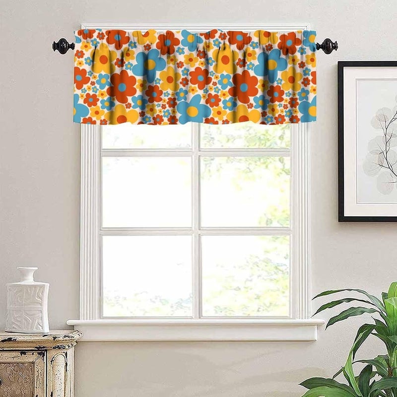 JanJCurt Vintage Daisy Flowers Valance, Abstract Retro 70s Hippie Groovy Blue Orange Red Daisy Floral Print Blackout Short Window Curtain Valance for Kids Bedroom Living Room, 54x18inch - Image 2
